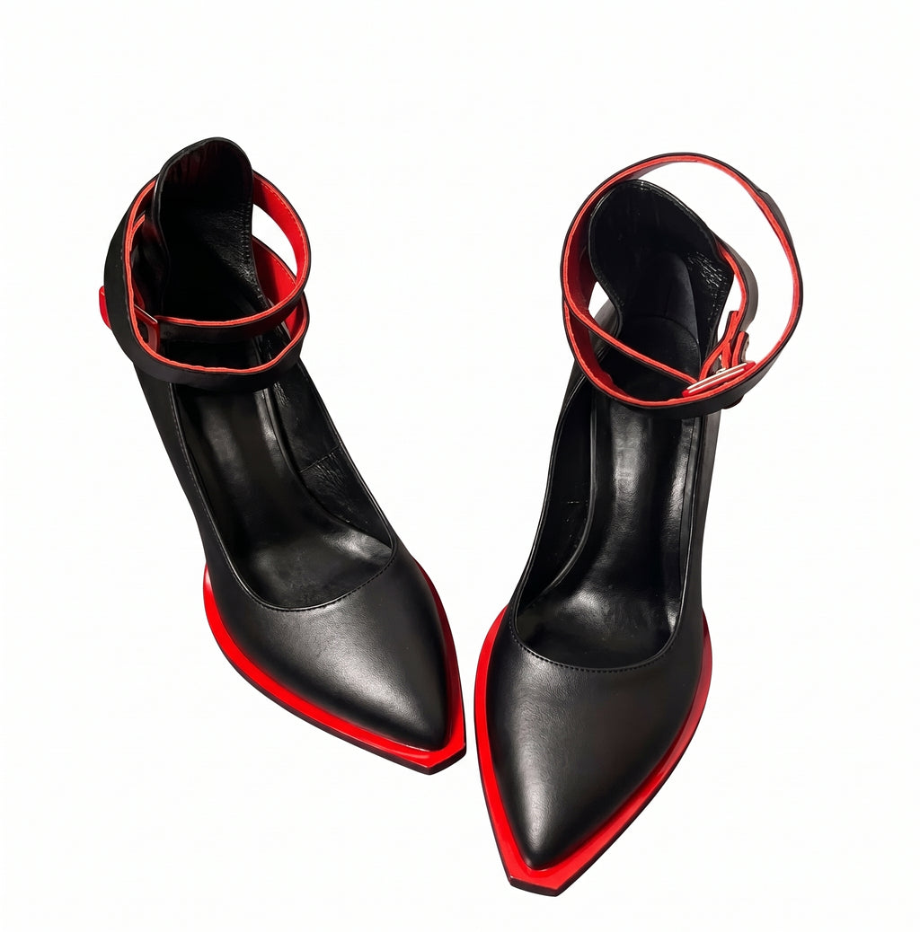 Women's Pointed Toe Chunky Heel Ankle Strap Pumps