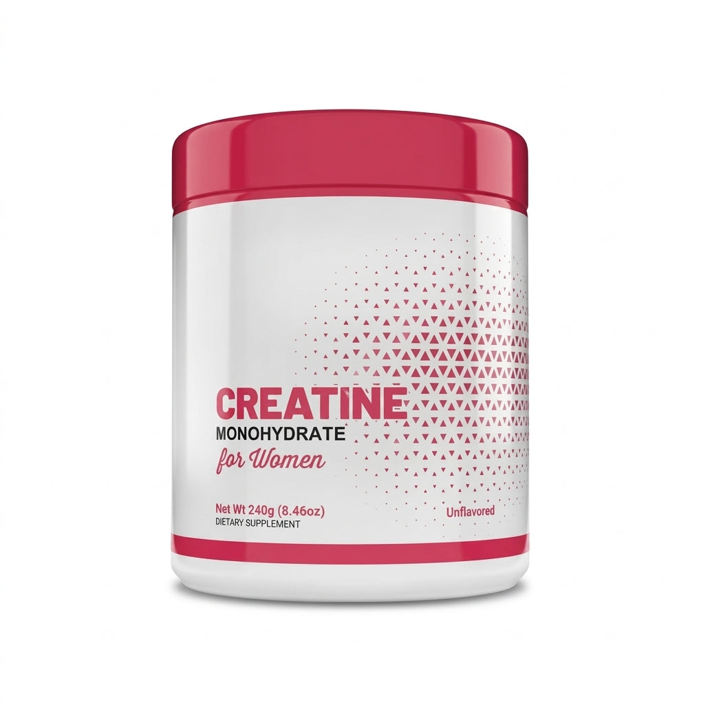Creatine Monohydrate for Women dietary supplement in a white plastic jar with a bright pink lid and matching pink text on the label.
