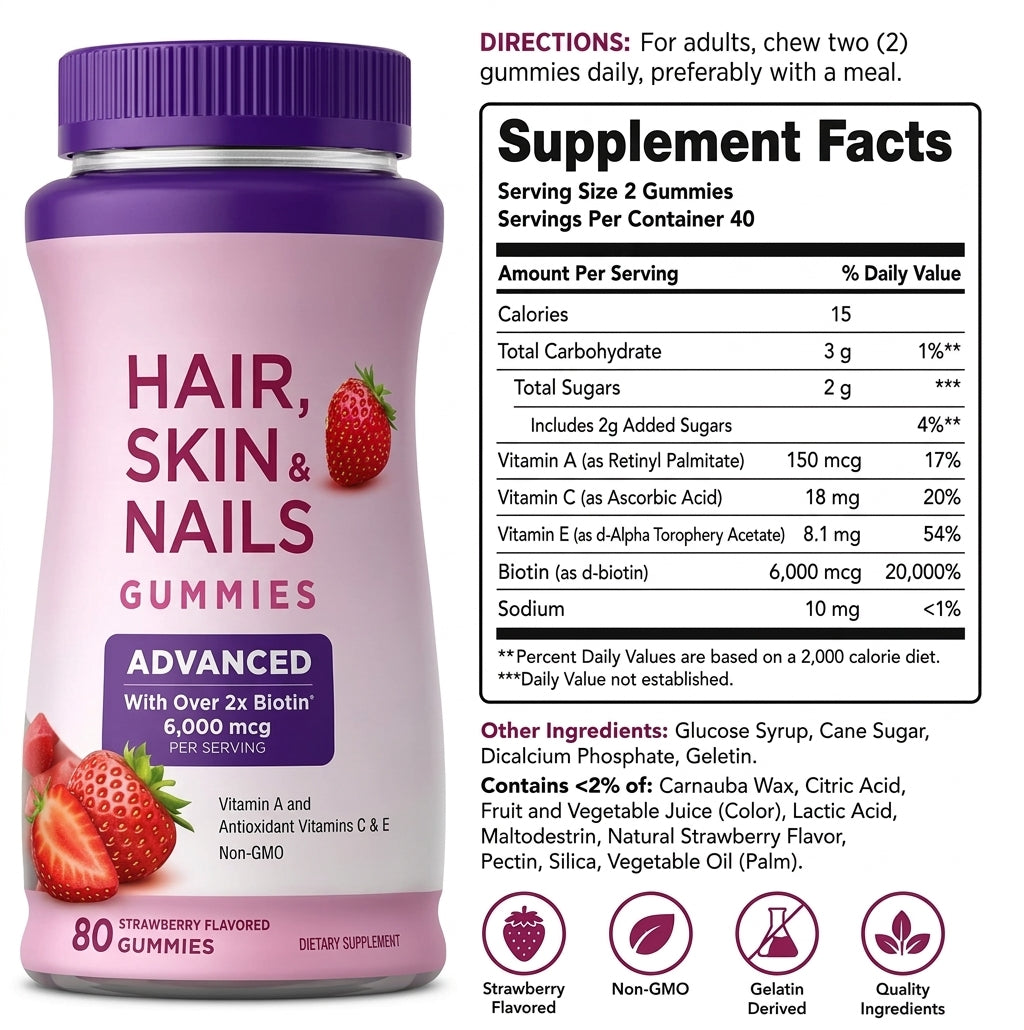 Biotin 6000mcg Strawberry Hair Skin and Nails Gummies 80 Count
