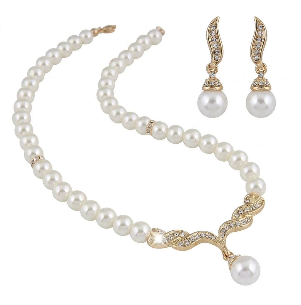 Women's Fashion Elegant Bridal Pearl Necklace and Earrings Jewelry Set
