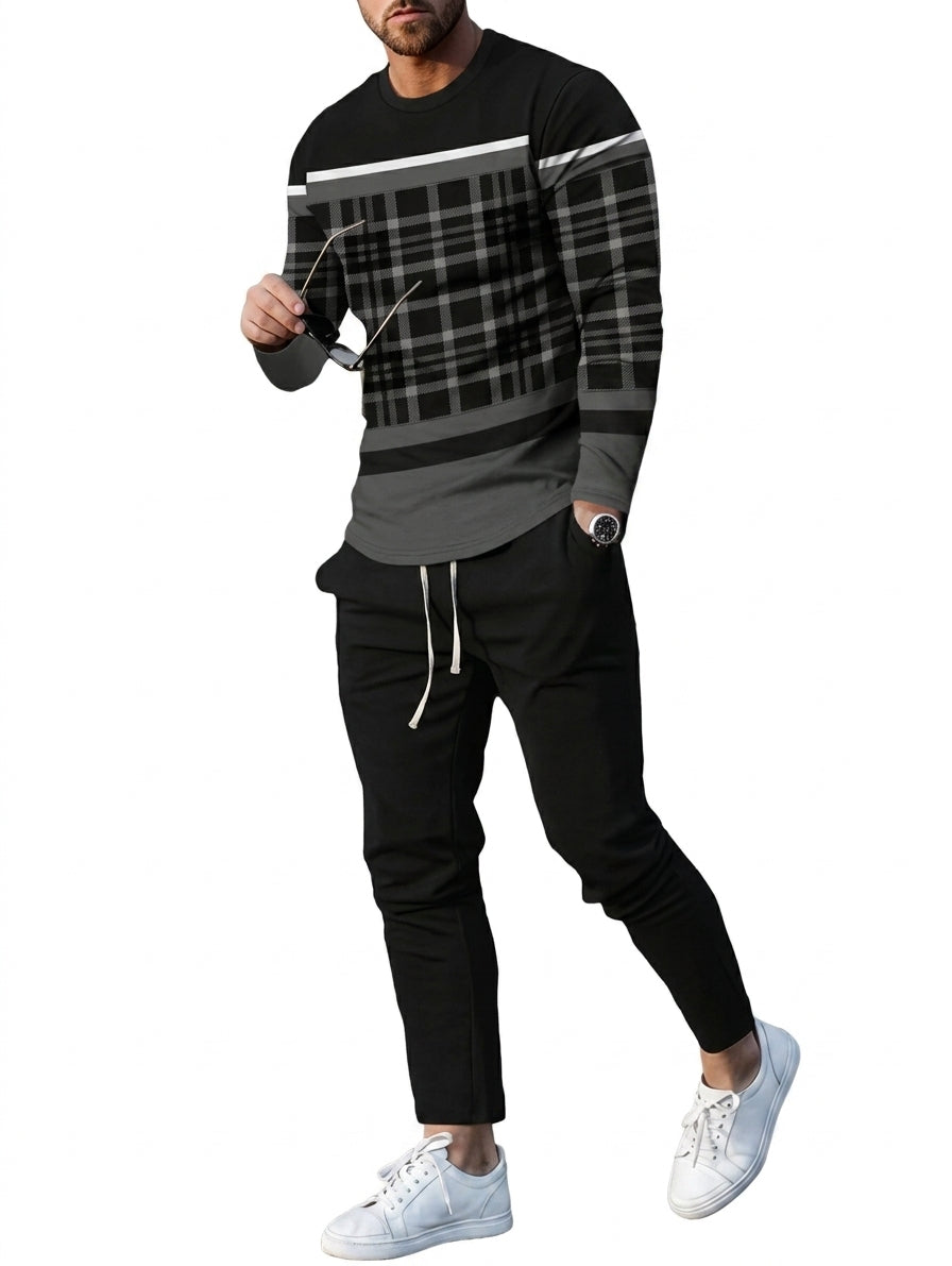 Men's Casual Striped Print Round Neck Shirt and Pants Set
