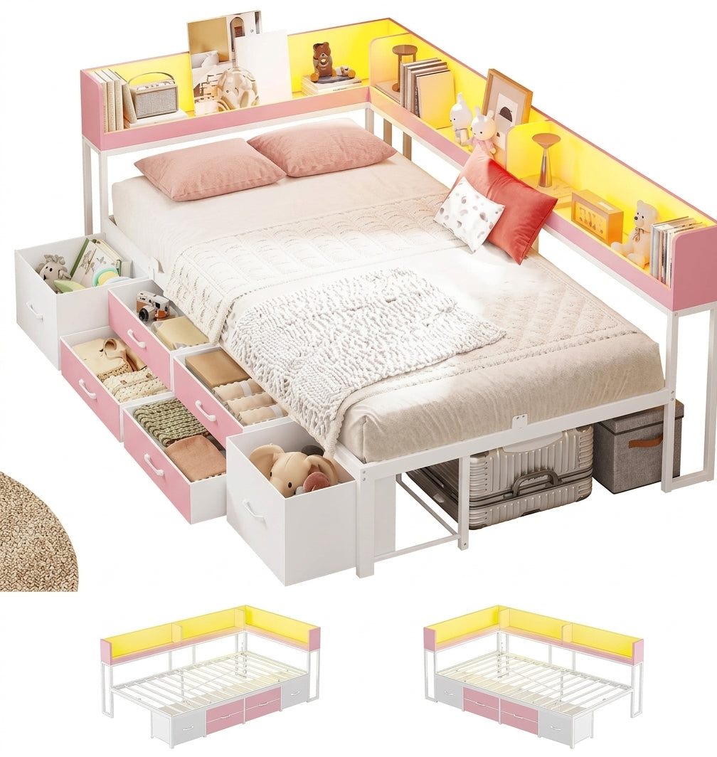 Twin Metal Corner Daybed Frame with Bookcase Storage and Drawers