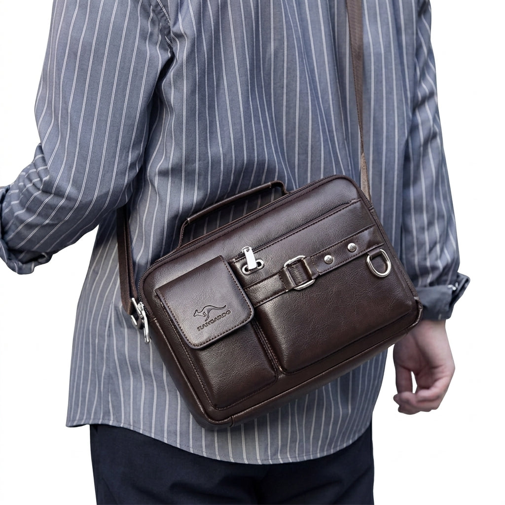 A dark brown leather crossbody bag with silver hardware, worn by a person wearing a blue and white striped shirt. The bag features a top handle, a front pocket with a kangaroo logo, and a strap buckle detail.
