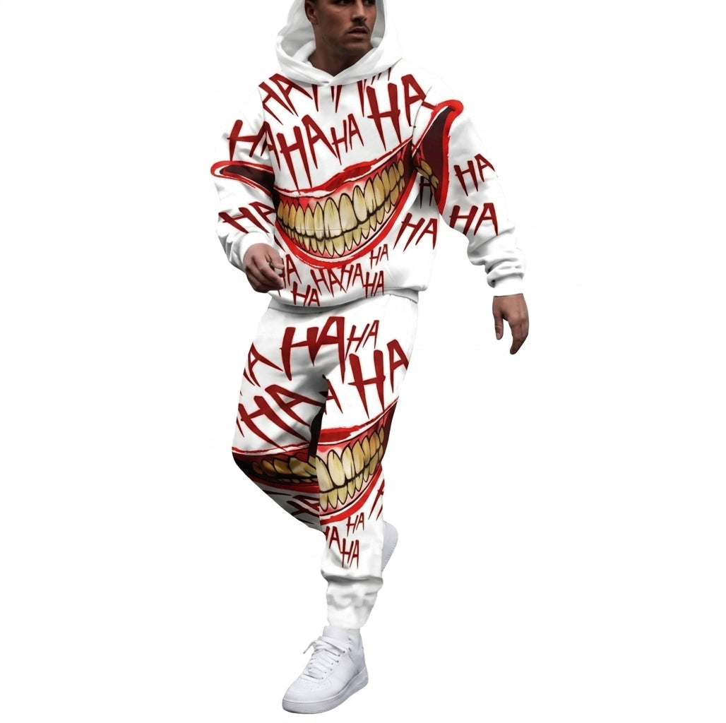 Men's Casual 3D Smiling Face Print Hoodie and Pants Set