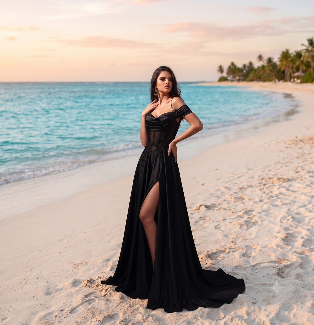 A woman stands on a sandy beach wearing a floor-length black off-the-shoulder gown with a high thigh slit. The background features turquoise ocean water, a soft sunset sky, and palm trees in the distance.