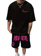 Men's 3D Letter Print Round Neck T-Shirt and Drawstring Shorts Set
