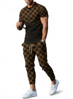 Men's Casual Check Print Short Sleeve T-Shirt and Pants Set