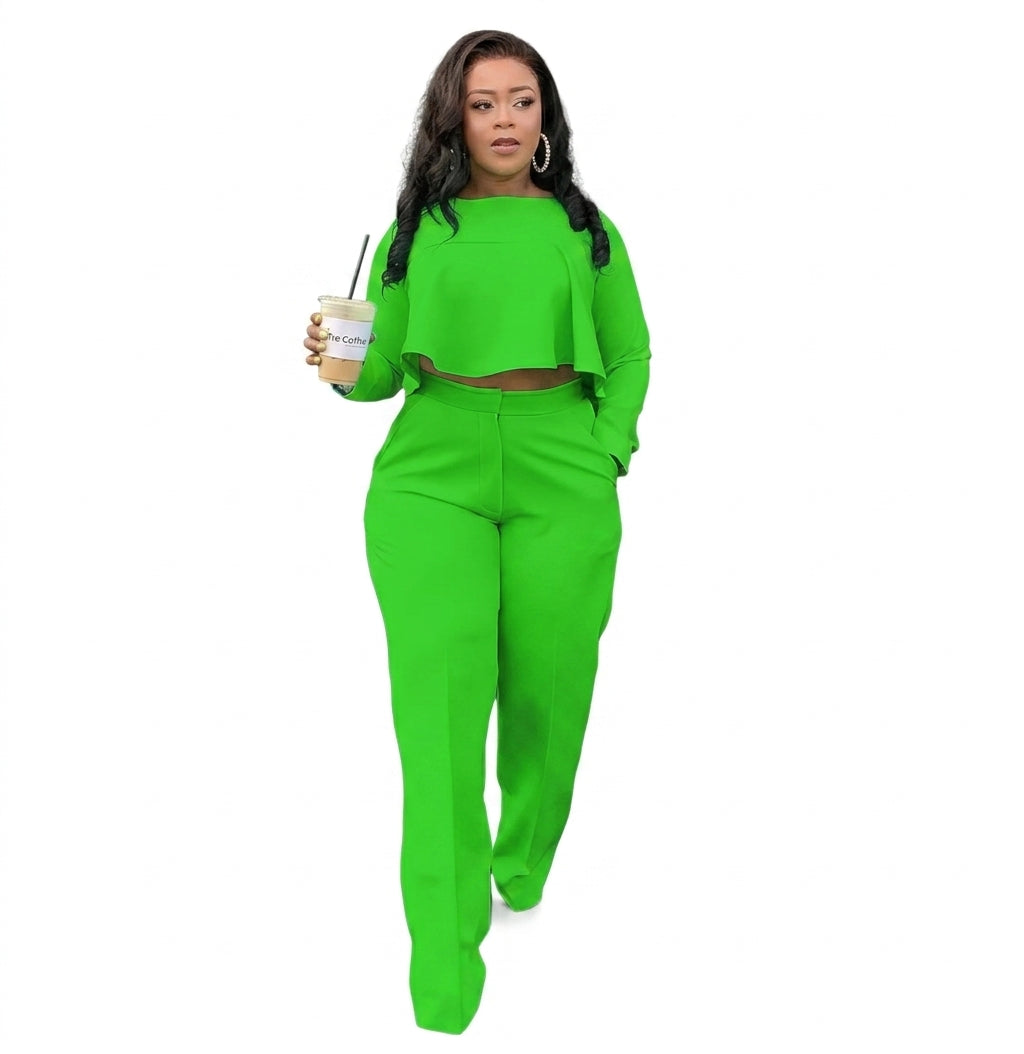 Women's Two Piece Ruffle Crop Top and Wide Leg Pants Set