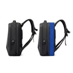 Two views of a black backpack shown on a white background, with dimension lines and blank labels below. The right view shows a bright blue vertical accent panel on the side of the backpack.