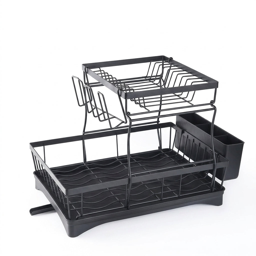 2-Tier Kitchen Dish Drying Rack with Swivel Spout Drip Tray