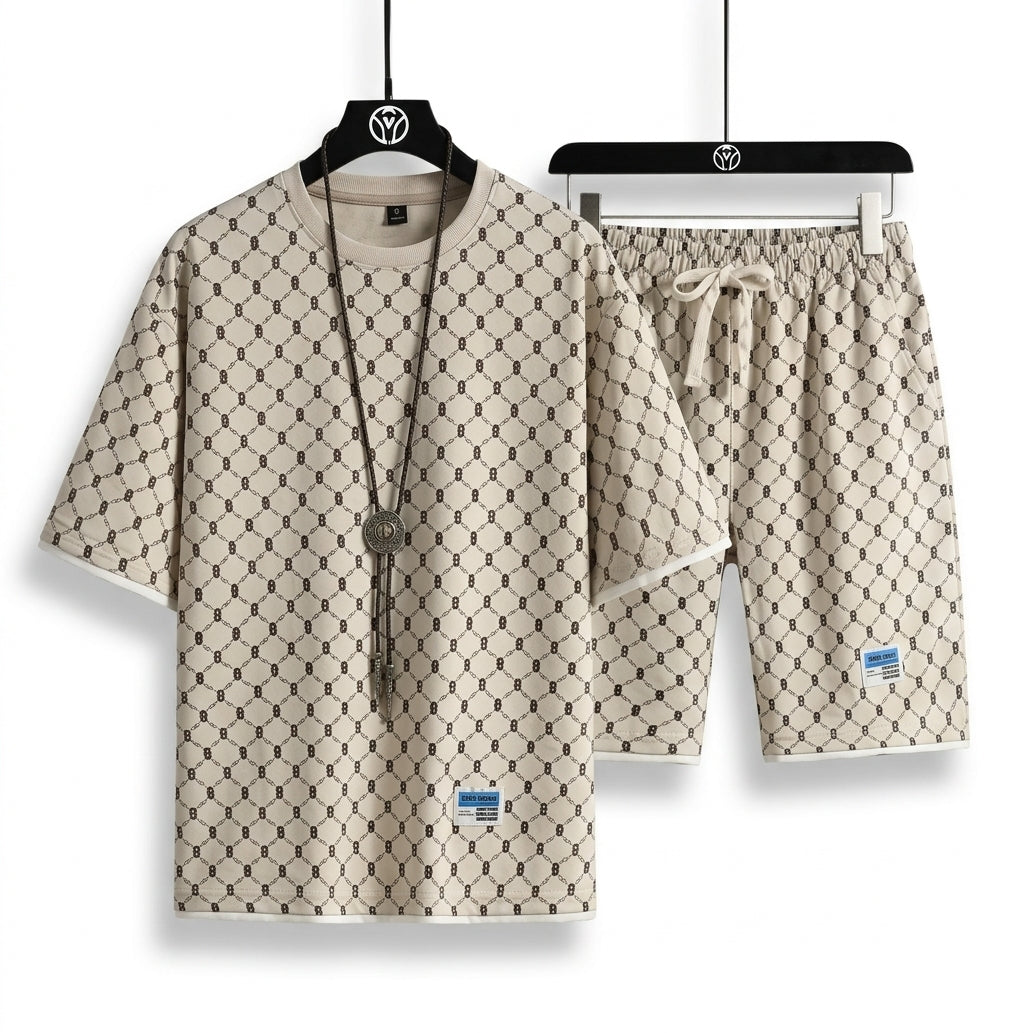 Men's Casual Checkered Shirt and Shorts Two Piece Set
