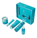 An 8 & 10 skincare set arranged on a clean white background, featuring a turquoise gift box, a blue cream jar, a blue tube, a blue bottle, and a dropper bottle. The packaging displays the brand name '8 & 10' and the product name 'AquaVitalize Complete Skincare Set'.