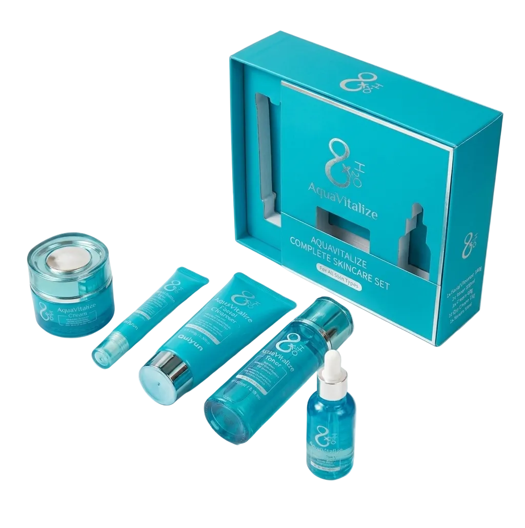An 8 & 10 skincare set arranged on a clean white background, featuring a turquoise gift box, a blue cream jar, a blue tube, a blue bottle, and a dropper bottle. The packaging displays the brand name '8 & 10' and the product name 'AquaVitalize Complete Skincare Set'.