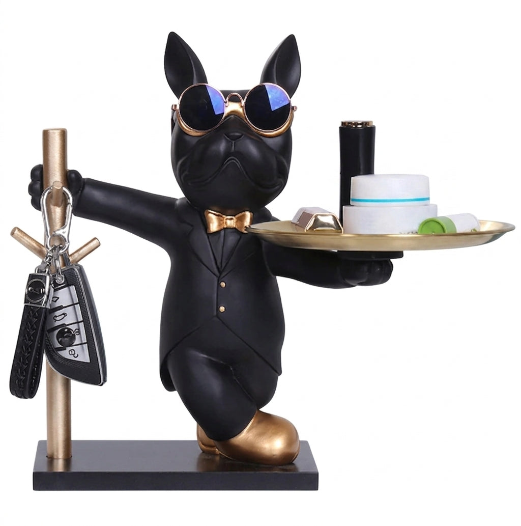 French Bulldog Resin Statue with Metal Storage Tray and Coin Bank
