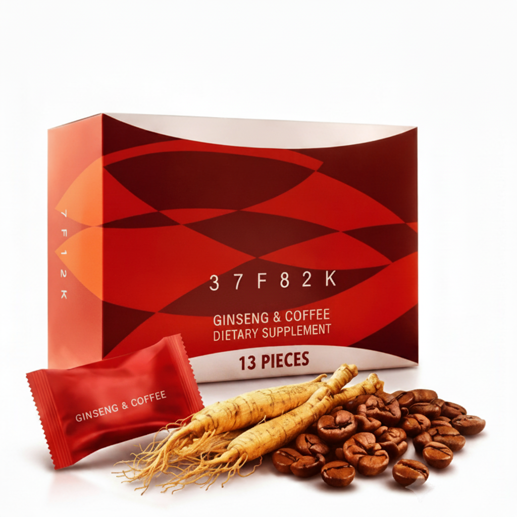 Hamer 37F82K Ginseng & Coffee dietary supplement box in red and orange, shown with a single red packet, three ginseng roots, and coffee beans on a white background.