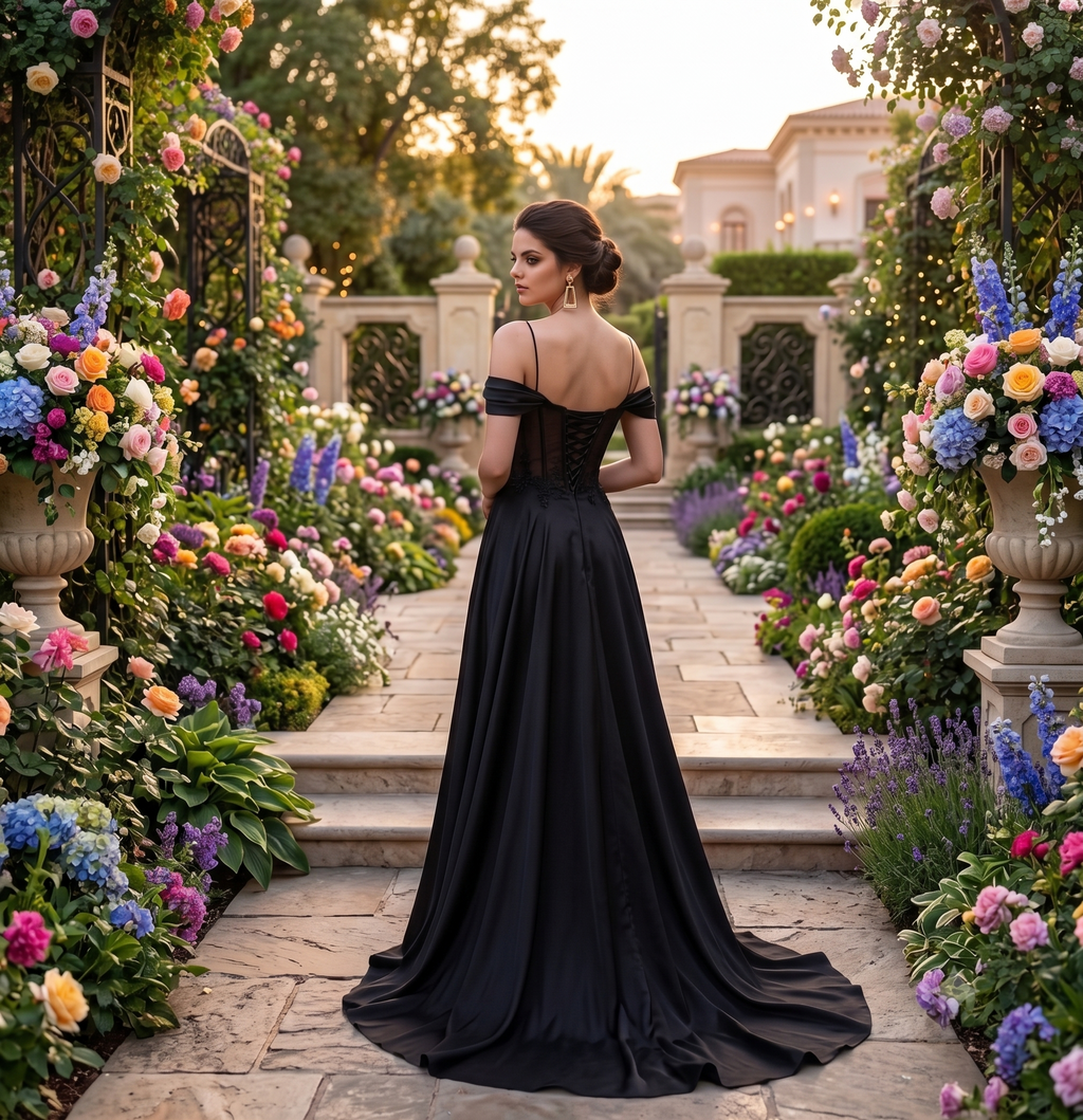 A woman stands on stone steps in a lush garden wearing a black off-the-shoulder evening gown with a corset-style back and a long train. Colorful flowers line both sides of the path, and a villa is visible in the background at sunset.