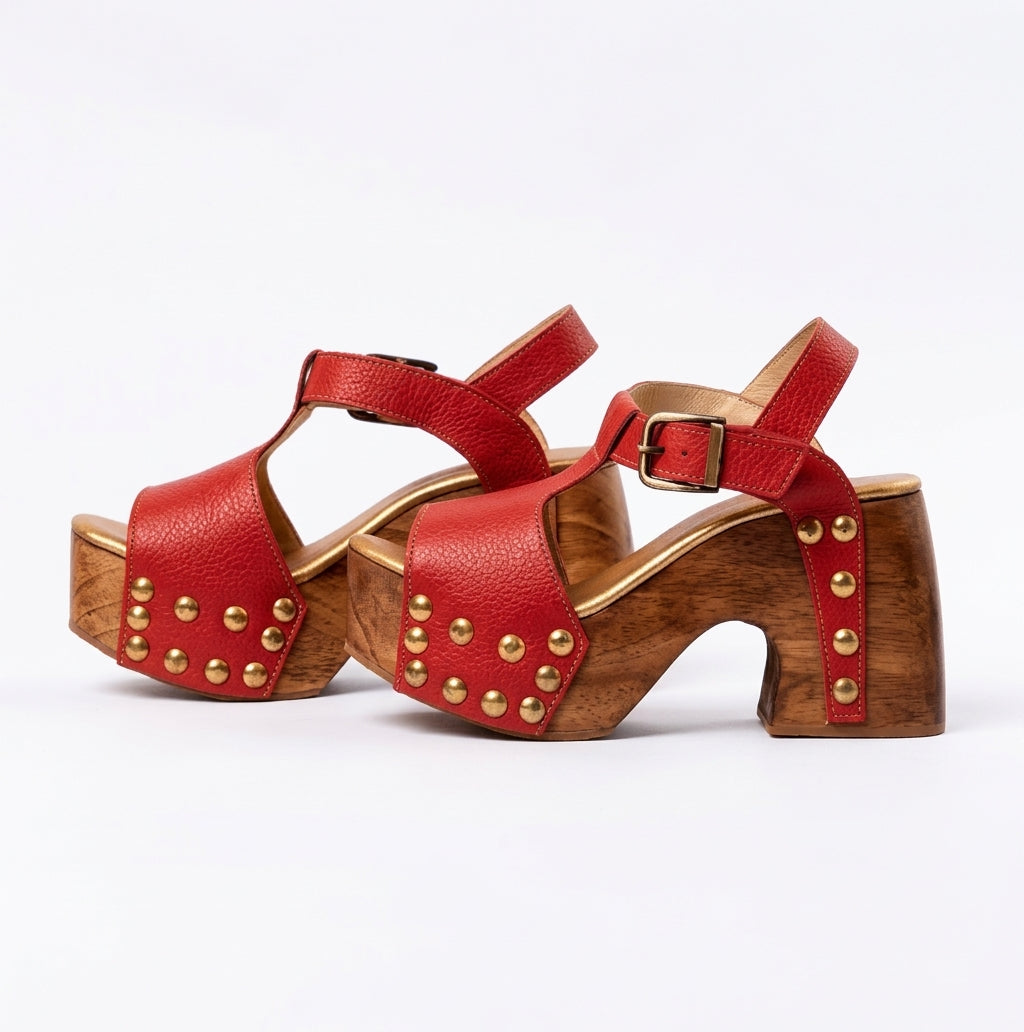 Women's Studded Wooden Block Heel Platform Sandals