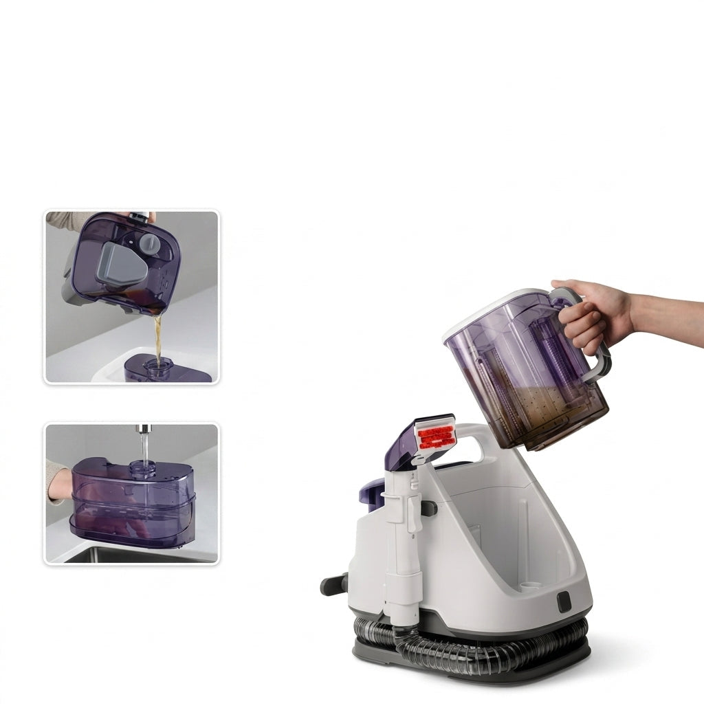 A white and gray vacuum cleaner with a dual-tank water system, shown with a hand lifting a translucent purple dust container above it. The image includes marketing text reading 'CLEAN & DIRTY SEPARATE' and two small inset photos demonstrating the water tank being emptied.