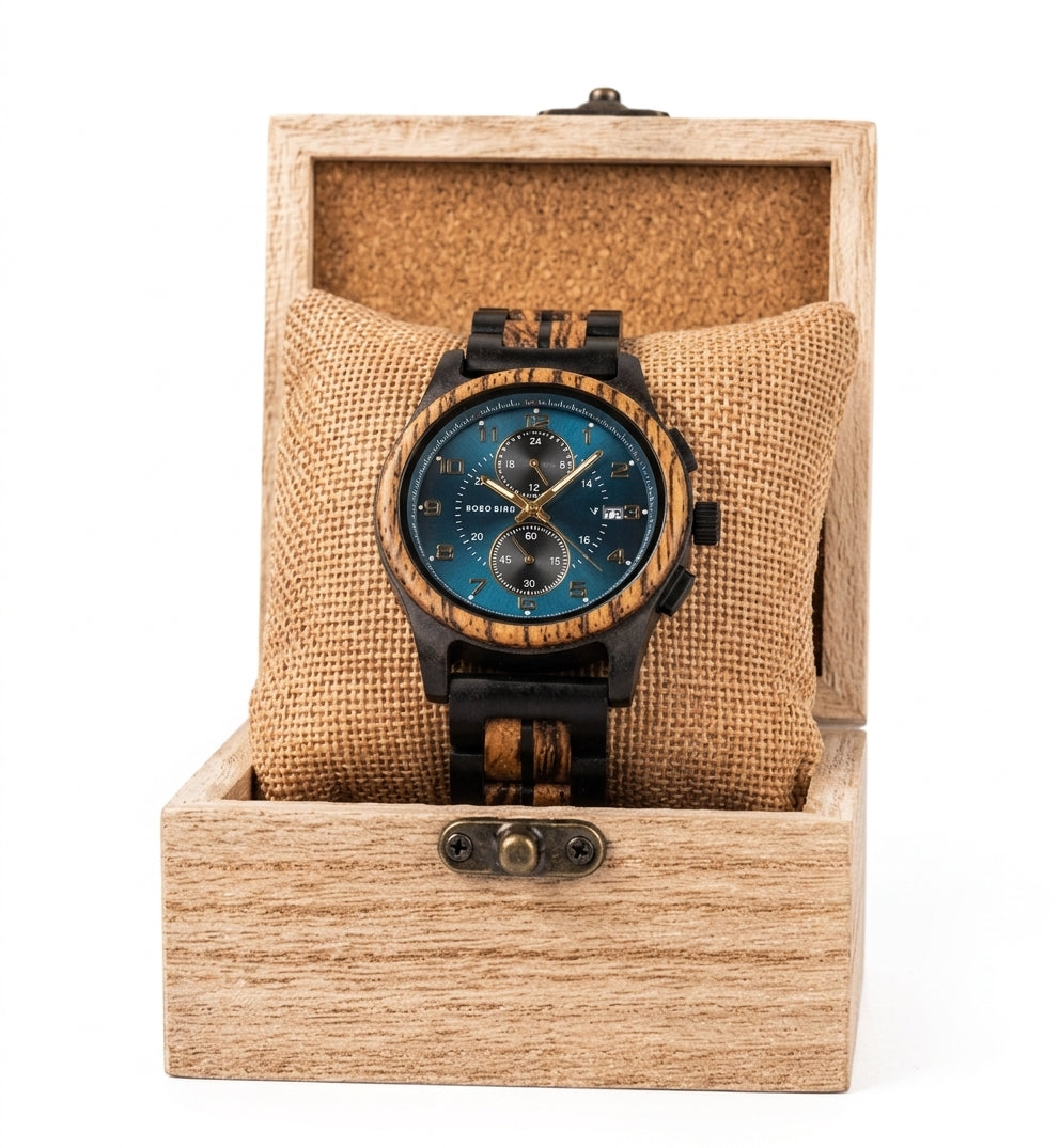 Men's Wooden Chronograph Watch with Luminous Hands and Gift Box
