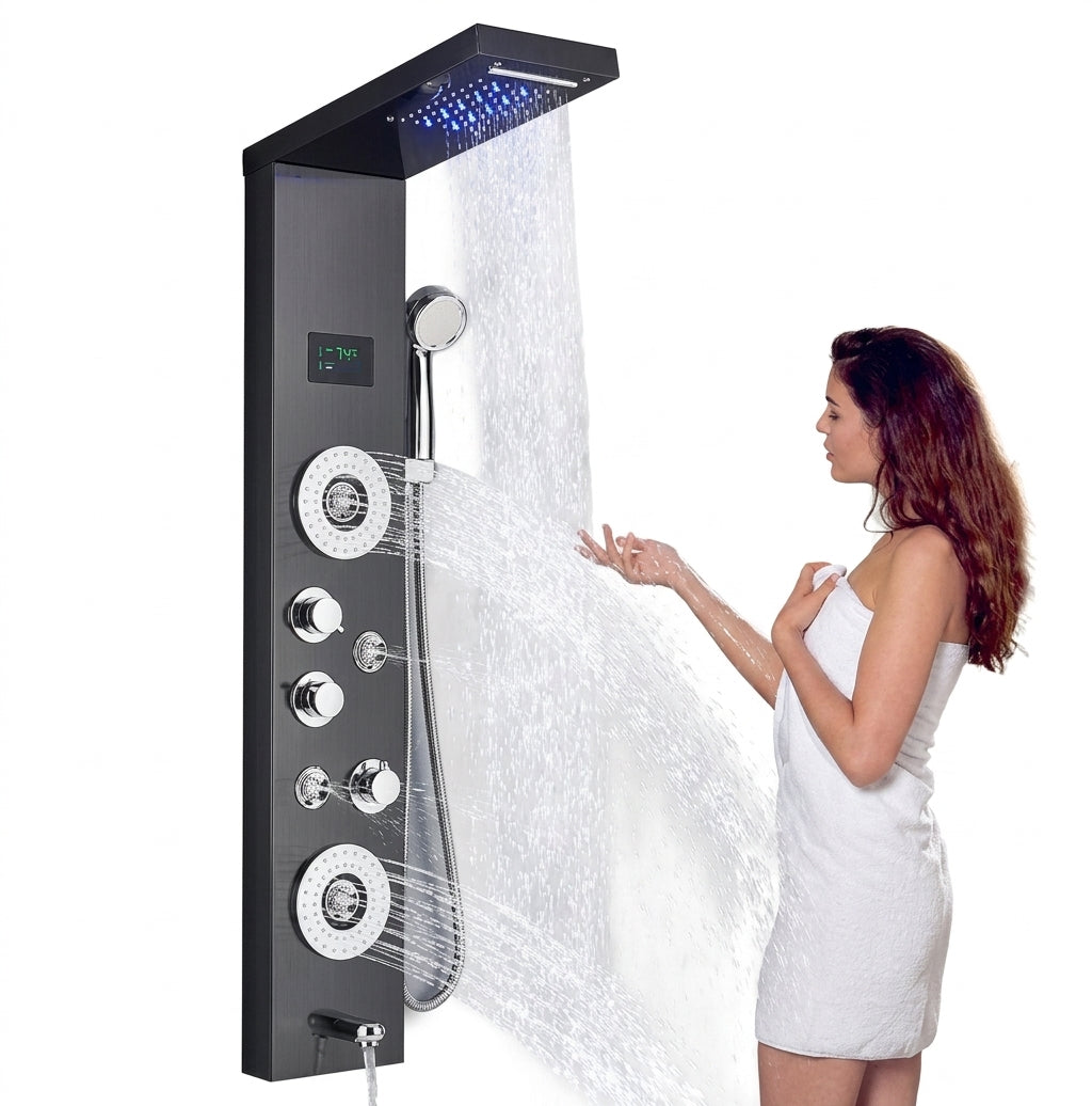 LED Rainfall Shower Panel Tower System with Massage Jets