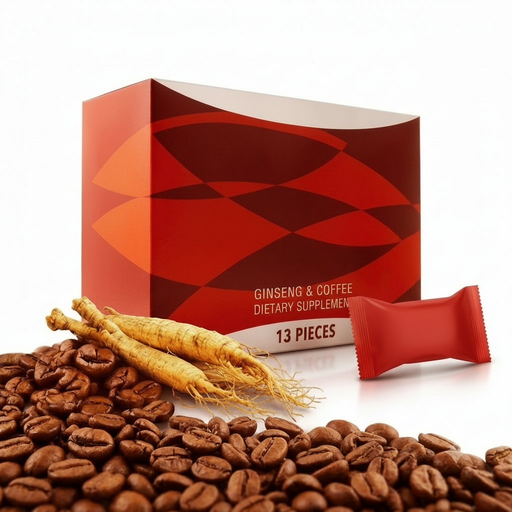 A box of Hamer Ginseng & Coffee dietary supplement, shown with two raw ginseng roots, scattered coffee beans, and a single red packet in front of a clean white background.