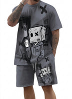 Men's Casual Graffiti Print T-Shirt and Shorts Two Piece Set