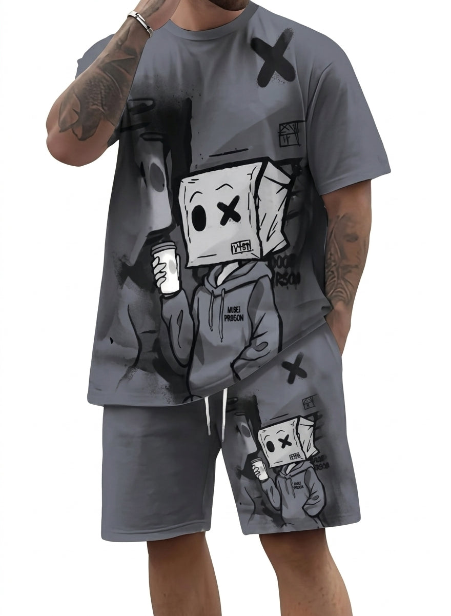 Men's Casual Graffiti Print T-Shirt and Shorts Two Piece Set
