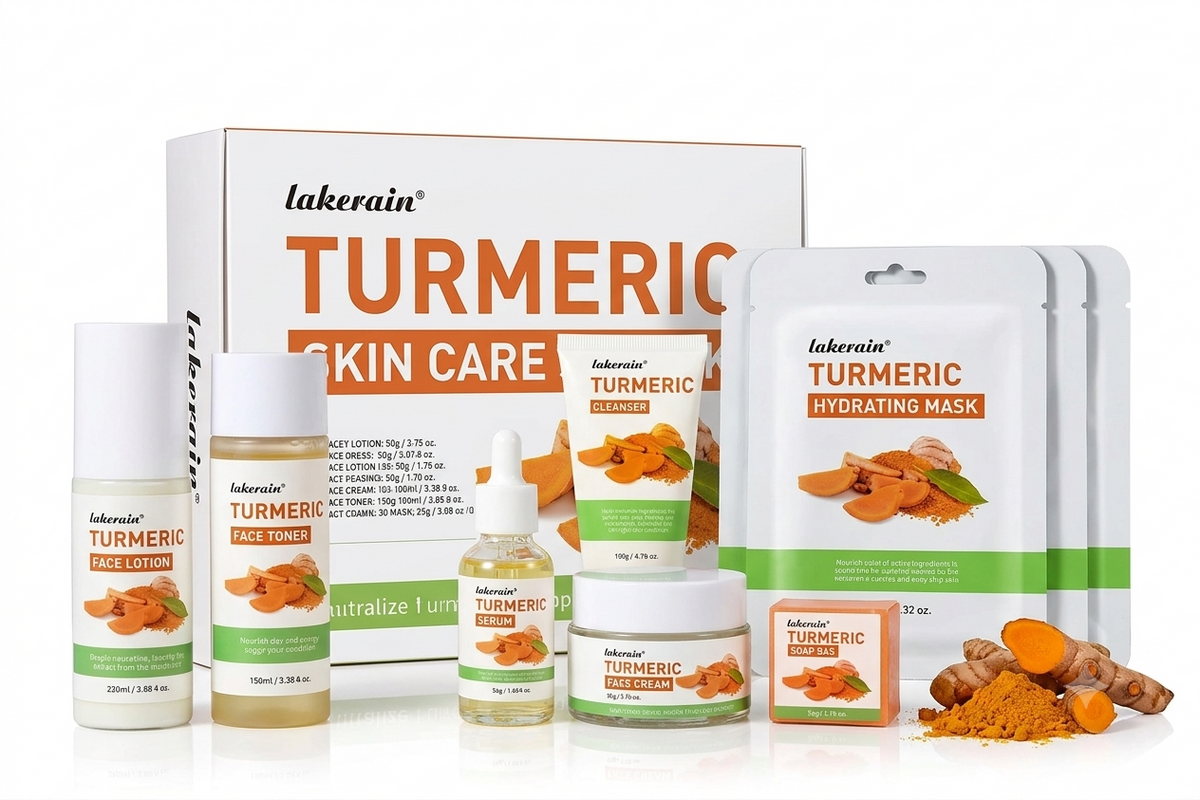 A skincare set from lakerain Turmeric Skin Care, featuring face lotion, face toner, serum, mask, and cream in white and green packaging, displayed with turmeric root, powder, and a white background.