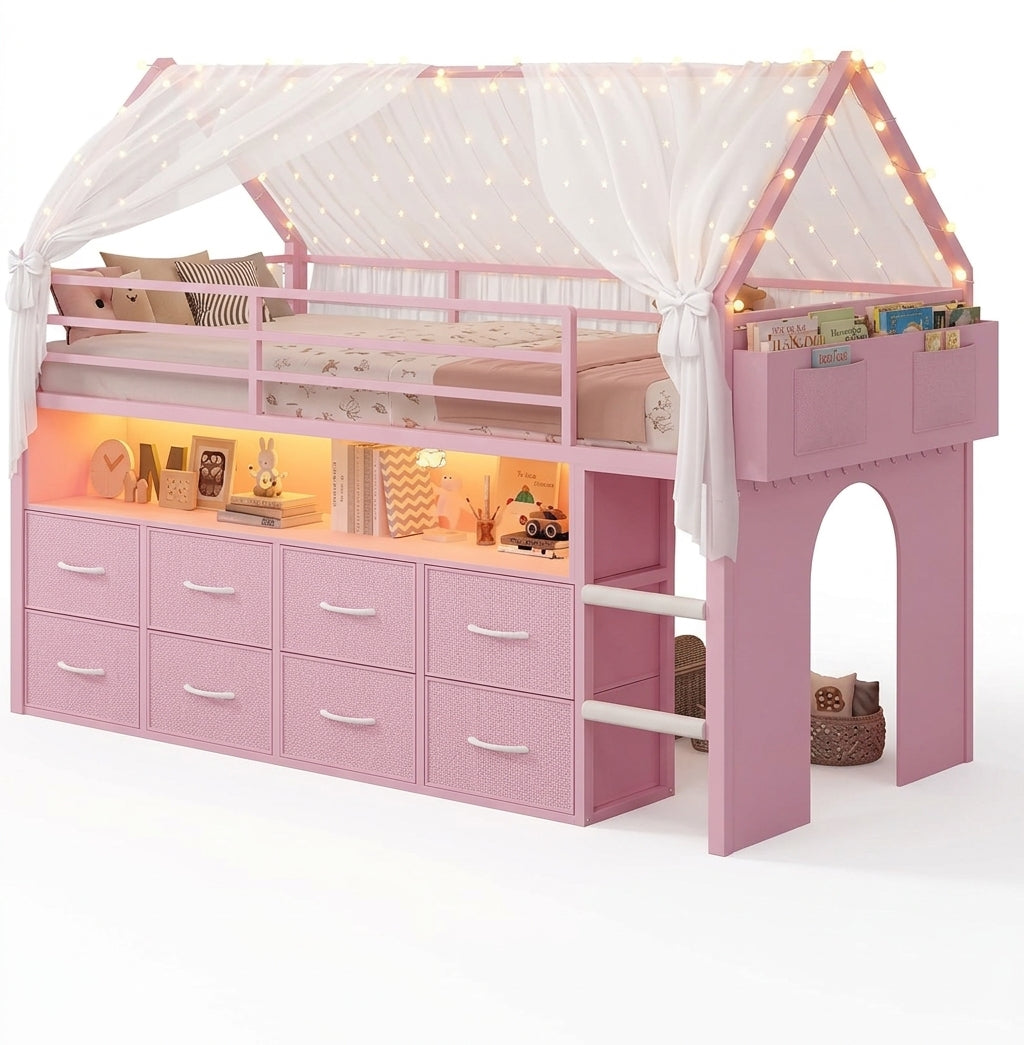 Kids' Twin Metal Low Loft Bed with Drawers and LED Lights Pink