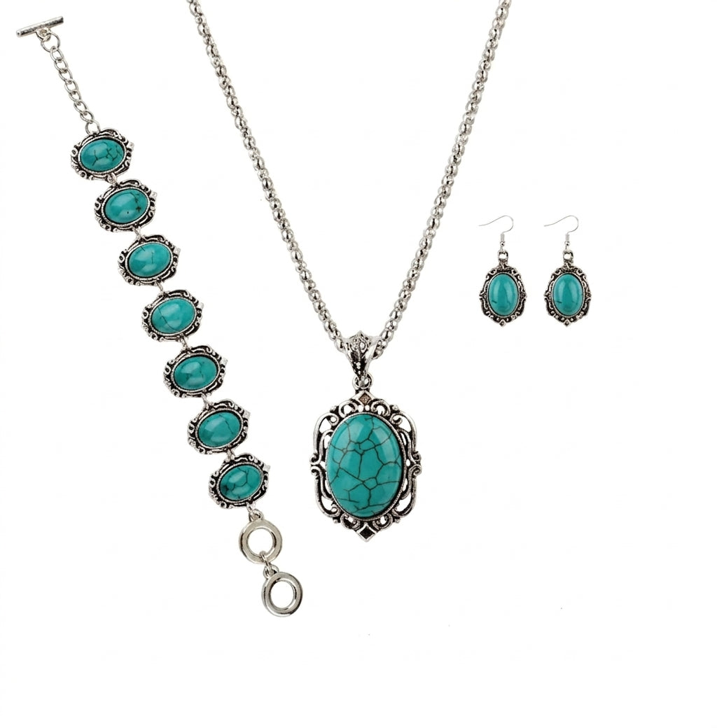 Women's Fashion Vintage Turquoise Bracelet Necklace Earrings Jewelry Set