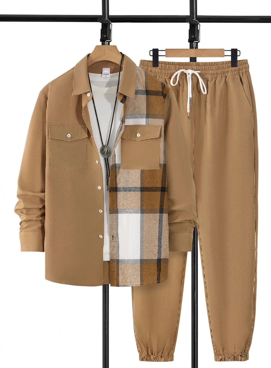Men's Casual Plaid Patchwork Shirt and Jogger Pants Two Piece Set