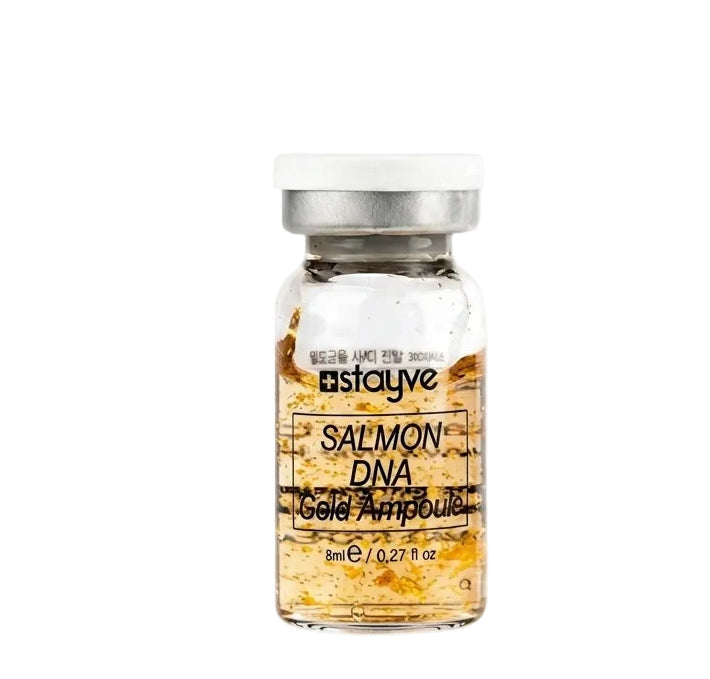 A small clear vial labeled 'astayve Salmon DNA Cold Amputus' with a white cap, centered on a pale blue graphic background with simple line drawings of bottles and a gift box.