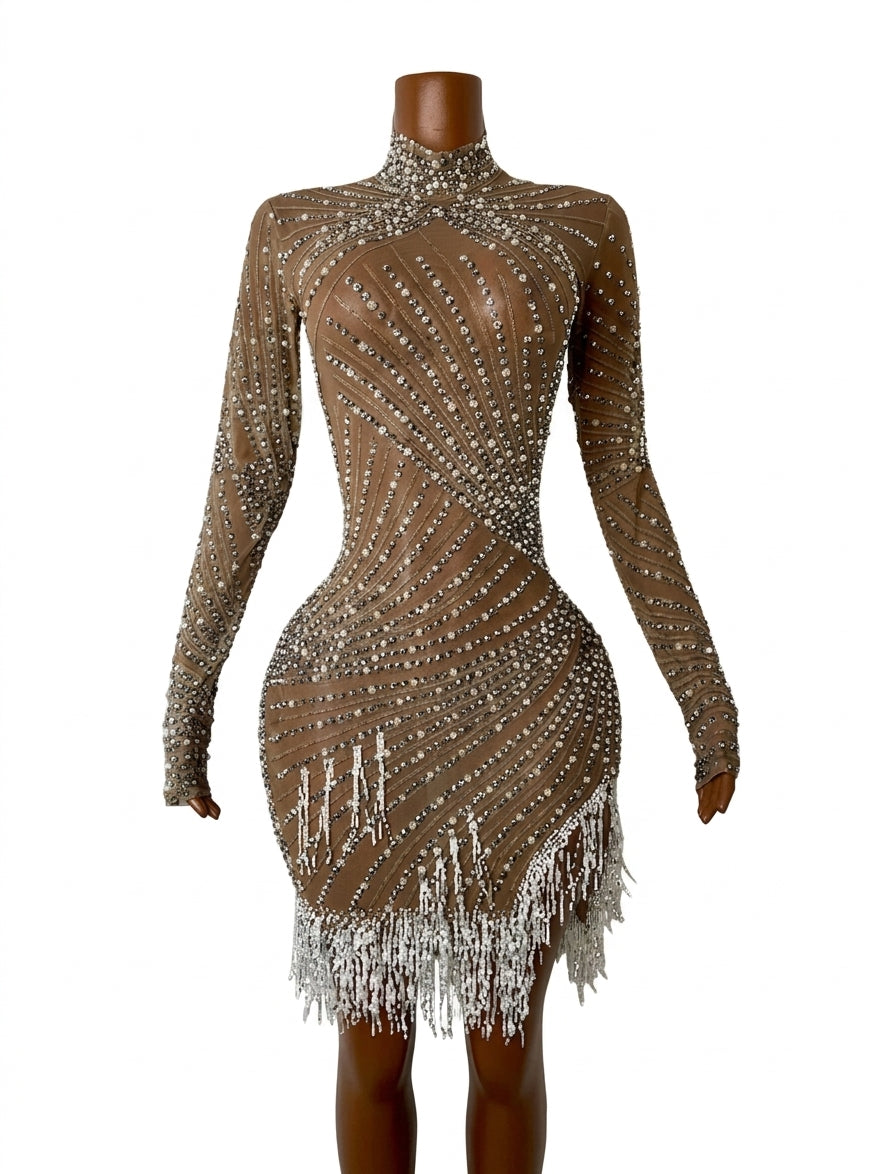 Women's Sexy Sequins Diamonds Tassel Bodycon Mini Dress
