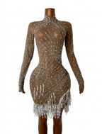 Women's Sexy Sequins Diamonds Tassel Bodycon Mini Dress