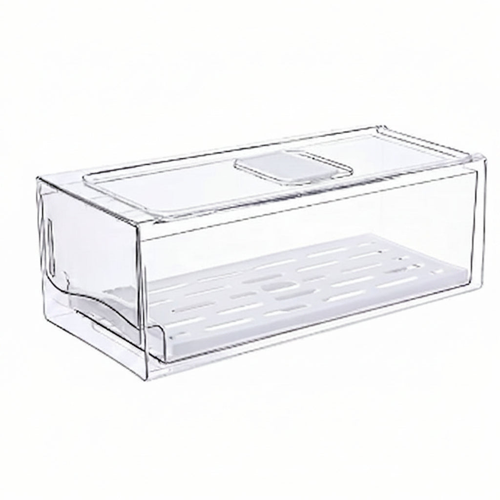 A clear plastic drawer organizer box with a slotted bottom tray, shown on a plain white background.