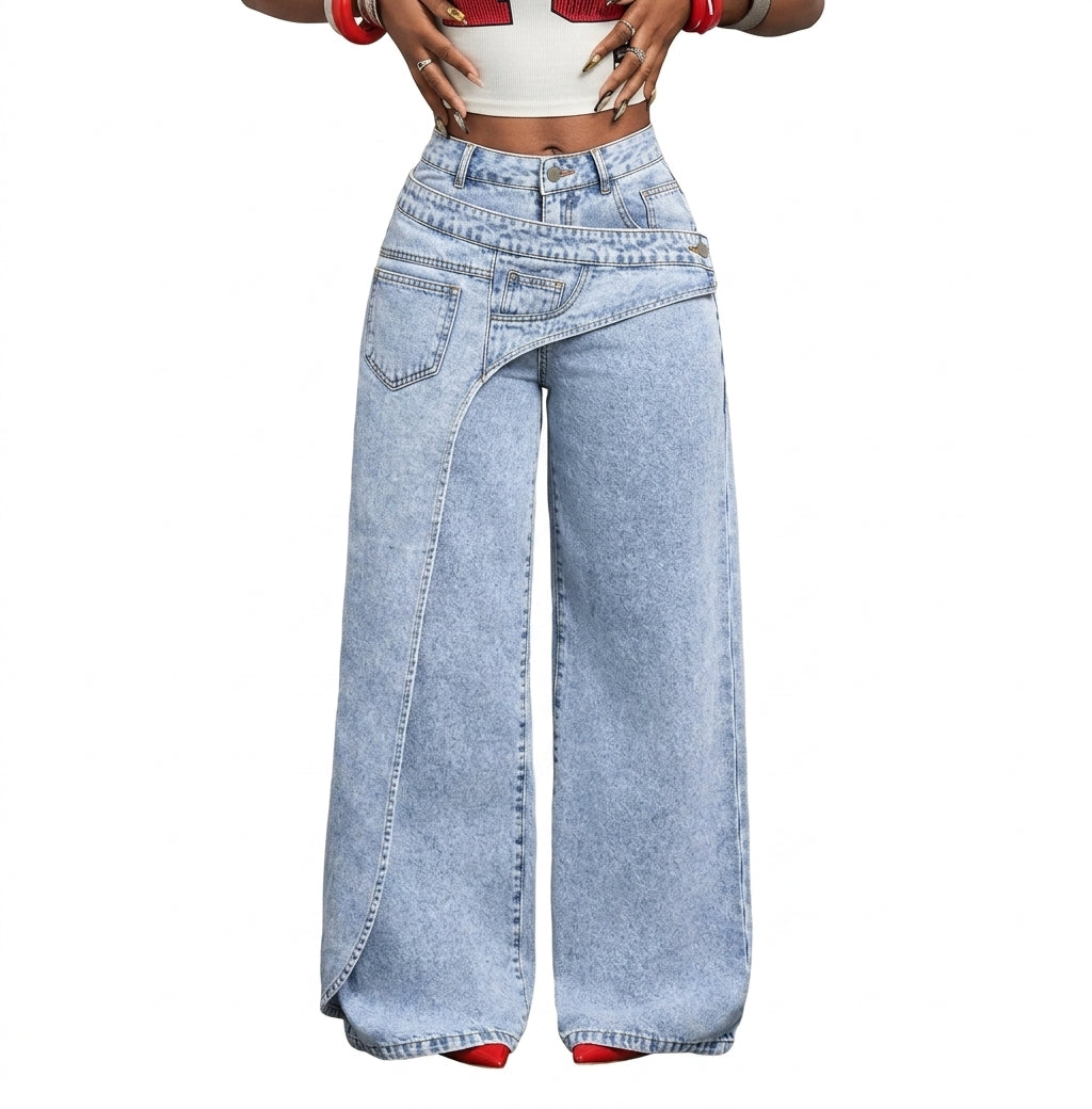 Women's Vintage High Waist Wide Leg Denim Jeans Pants