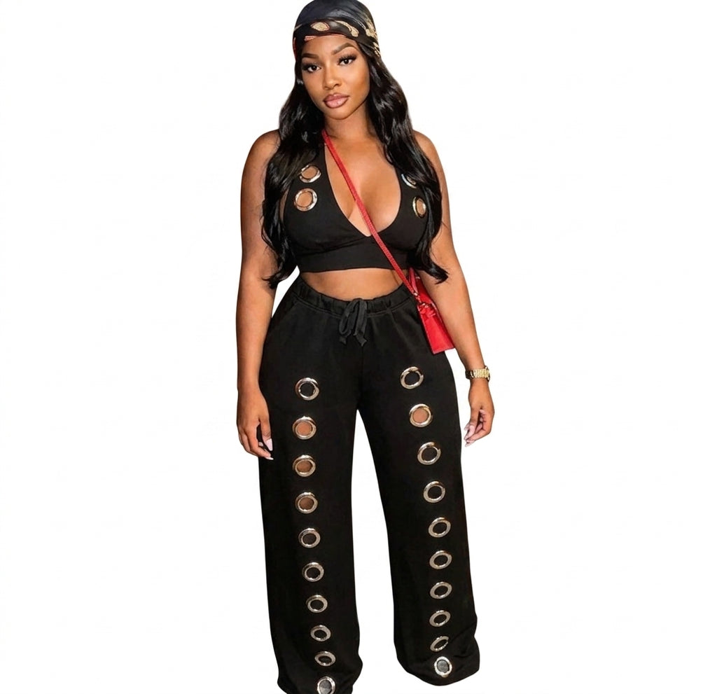 Women's Sexy Hollow Out Halter Crop Top and Wide Leg Pant Two Piece Set