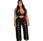 Women's Sexy Hollow Out Halter Crop Top and Wide Leg Pant Two Piece Set