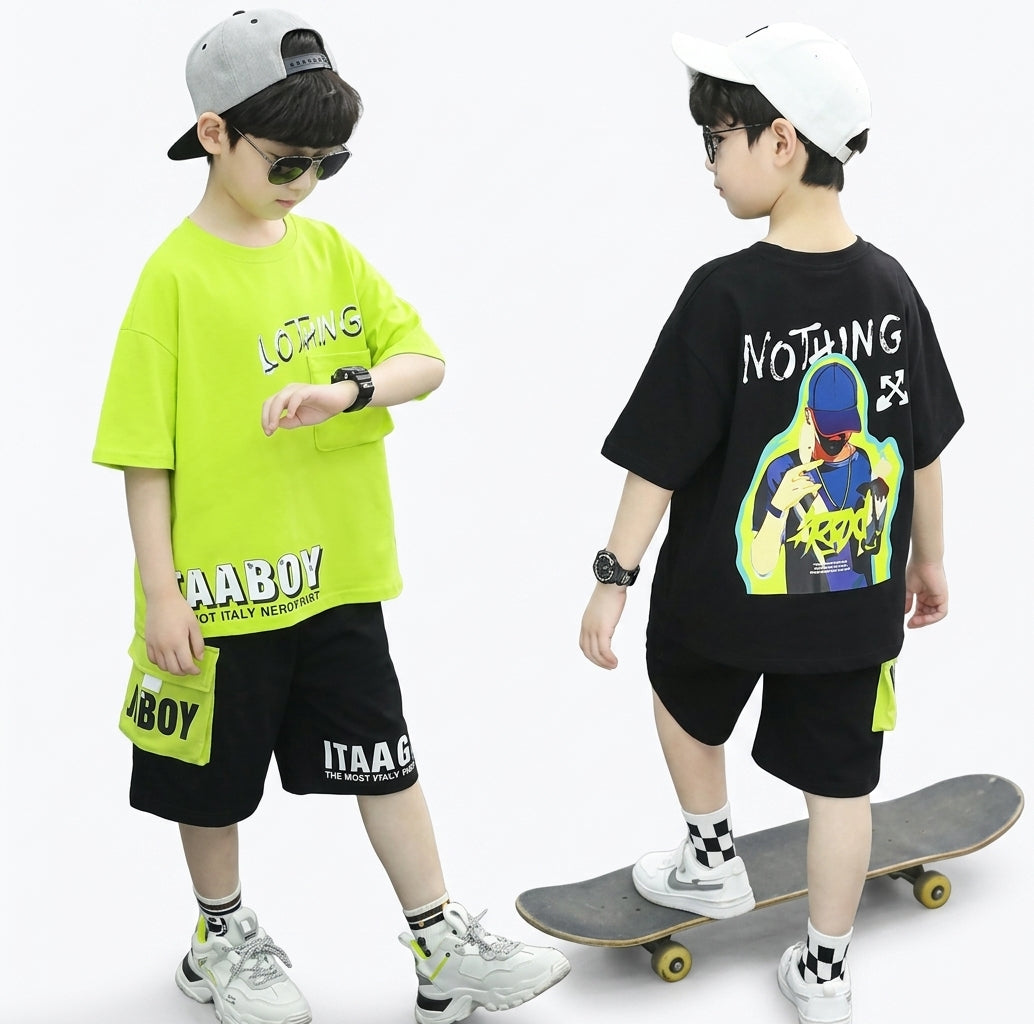 Boys Summer Letter Print Short Sleeve T-Shirt and Shorts Set