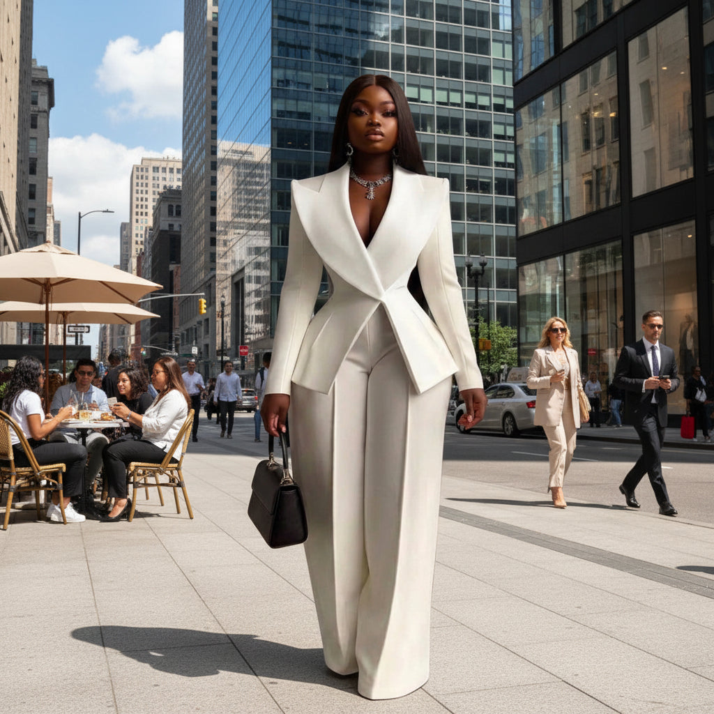 A woman modeling a structured off-white double-breasted blazer with wide lapels and matching wide-leg trousers, styled with a black handbag and a silver statement necklace against a plain white background.