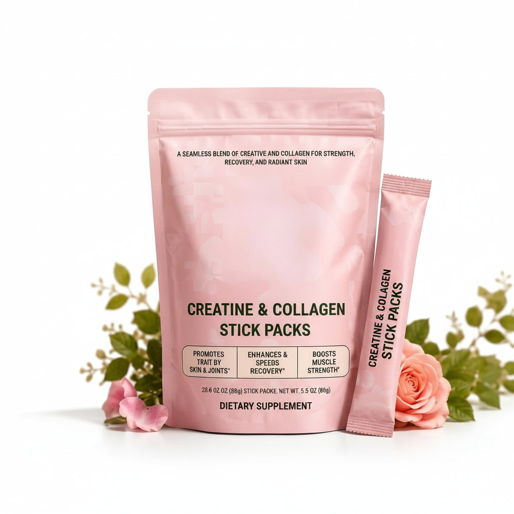 Creatine & Collagen Stick Packs dietary supplement pouch in pink, shown with a single stick pack beside it on a white background with promotional text, icons, and decorative flowers.