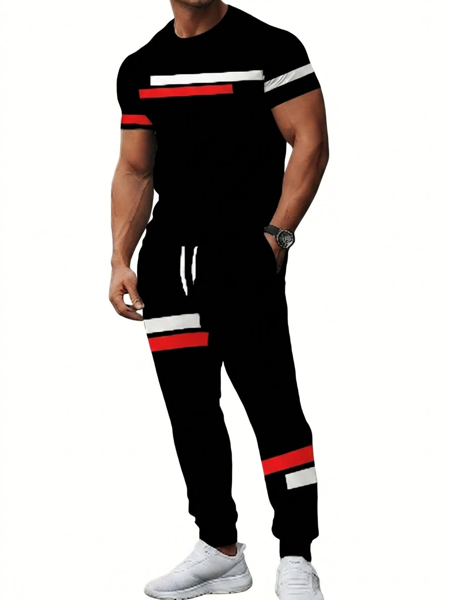 Men's Striped Print Round Neck T-Shirt and Pants Set