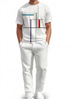 Men's Casual Print Round Neck T-Shirt and Drawstring Pants Set