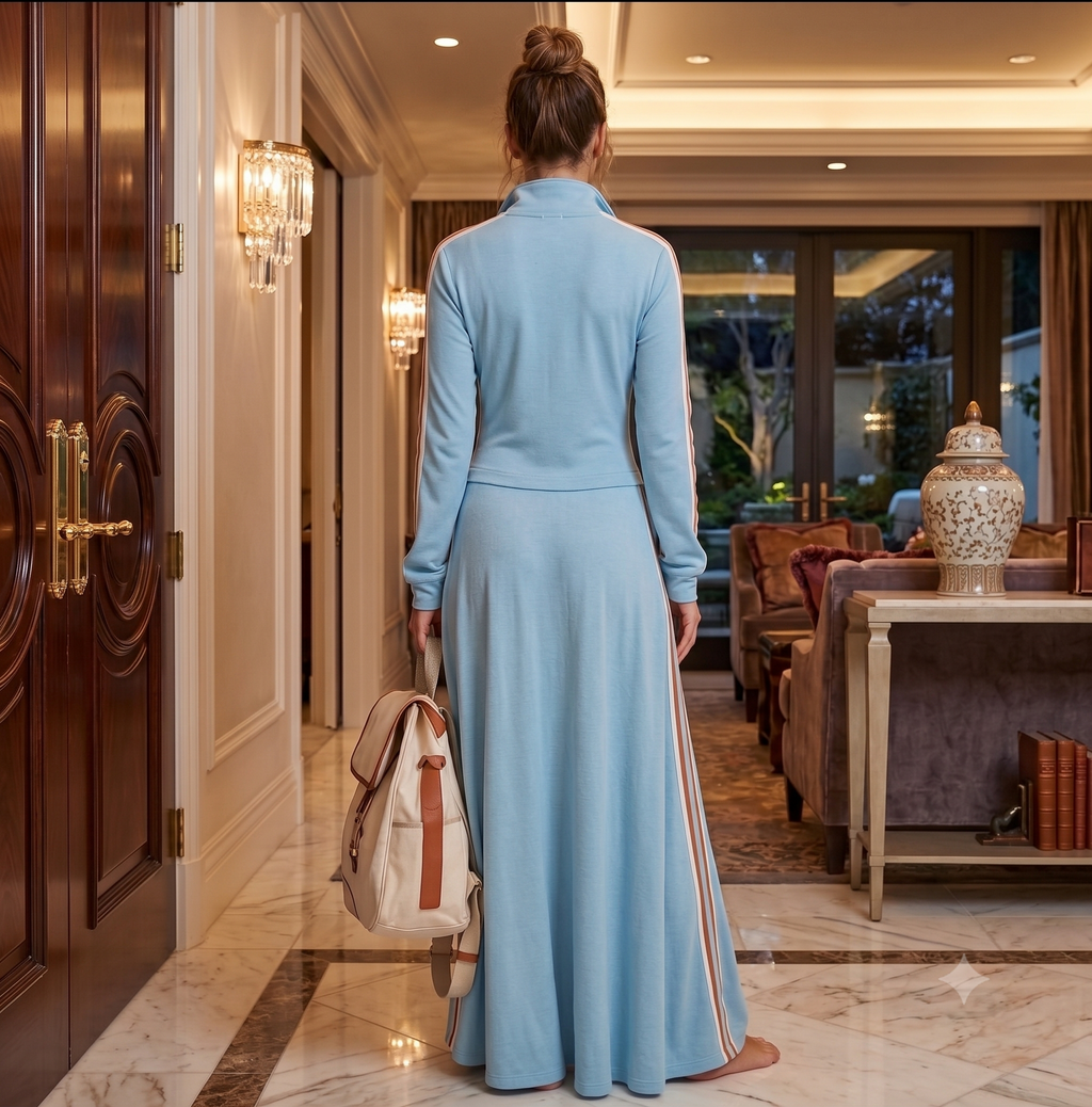 Women's Striped Side-Panel Tracksuit Set – Zip-Up Long Sleeve Top & High-Waisted Wide-Leg Pants (Light Blue)