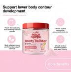 Peach flavored daily body shaping nutrition powder in a clear plastic jar with a red lid, labeled 'Peach Purpose Booty Builder'. The image features a pink background with promotional text and icons detailing core benefits, alongside a small pile of the light pink powder.