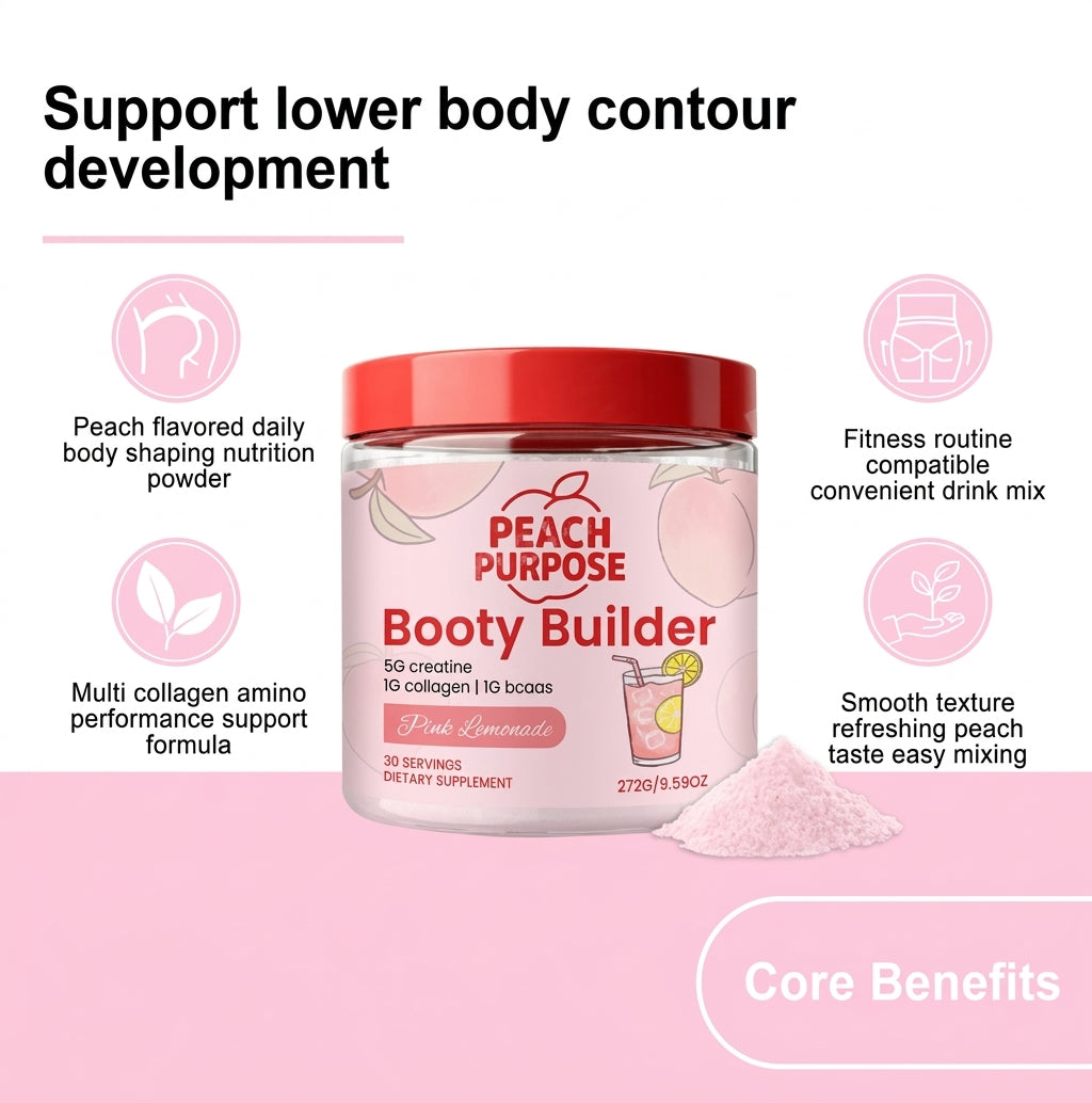 Peach flavored daily body shaping nutrition powder in a clear plastic jar with a red lid, labeled 'Peach Purpose Booty Builder'. The image features a pink background with promotional text and icons detailing core benefits, alongside a small pile of the light pink powder.