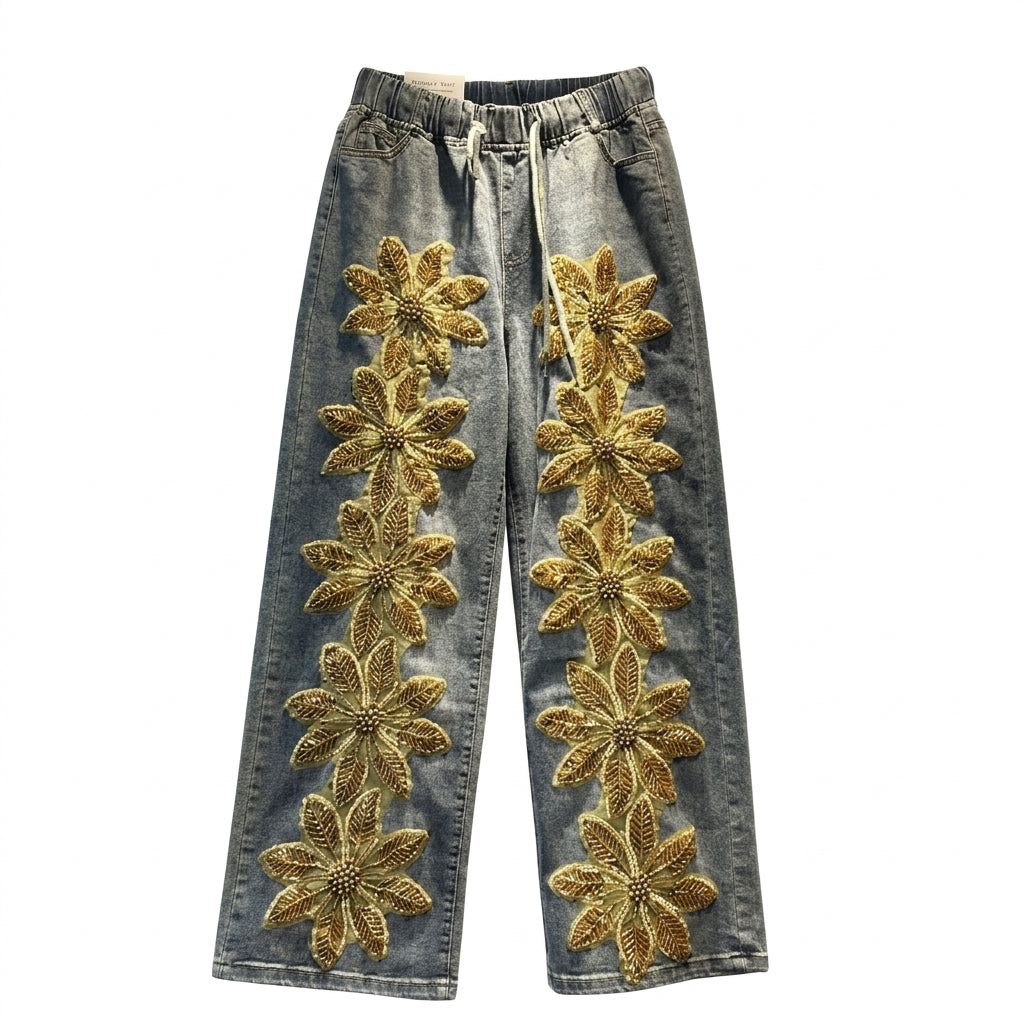 Women's 3D Floral Beaded Elastic Waist Wide Leg Jeans