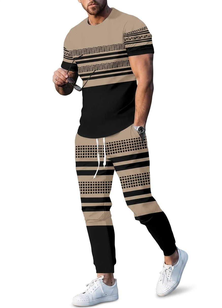 Men's Casual Striped Print Long Sleeve T-Shirt and Drawstring Pants Set