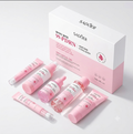SADOER 99-PDRN Professional Collagen skincare set, featuring a white and pink product box with five pink cosmetic tubes and dropper bottles arranged in front on a clean white background.
