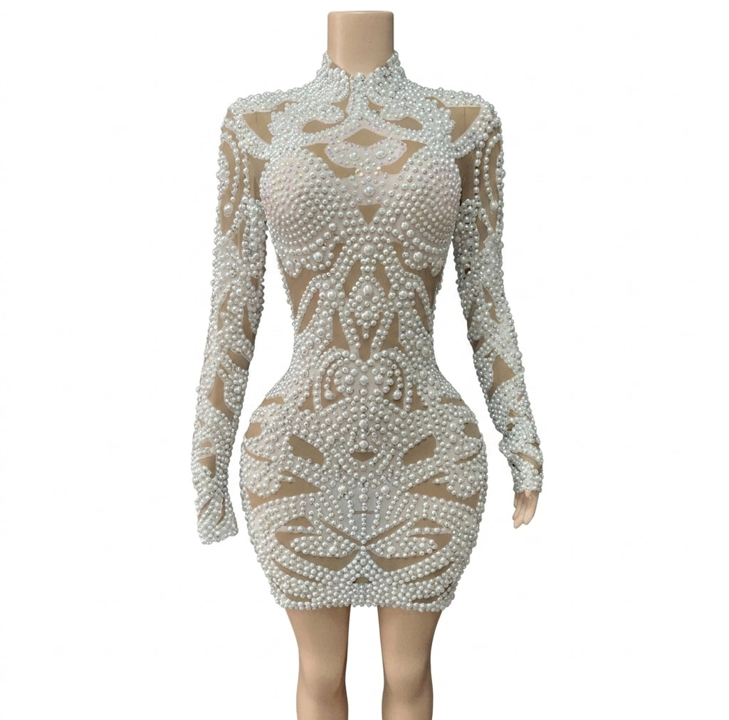 Women's Sexy Pearls Mesh Long Sleeve Bodycon Mini Dress